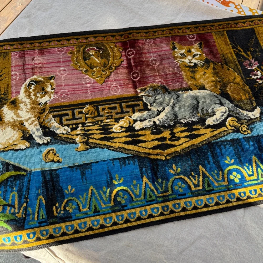 Vintage Mid-Century 1950s 60s Velvet Tapestry Frinhe Cats Playing Chess Wall Rug